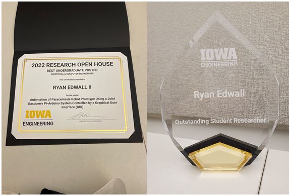 Ryan Edwall's best undergraduate poster certificate and outstanding student researcher trophy
