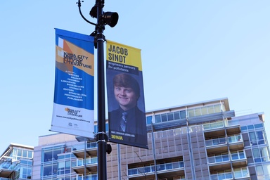 Photo of Jacob Sindt's banner hanging downtown