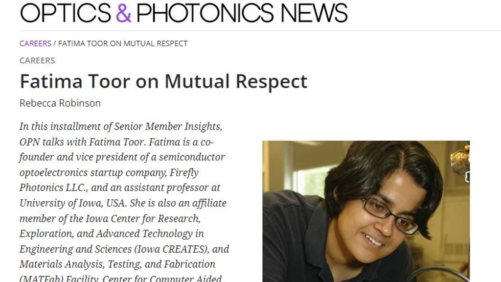 Screenshot of Optics & Photonics News profile