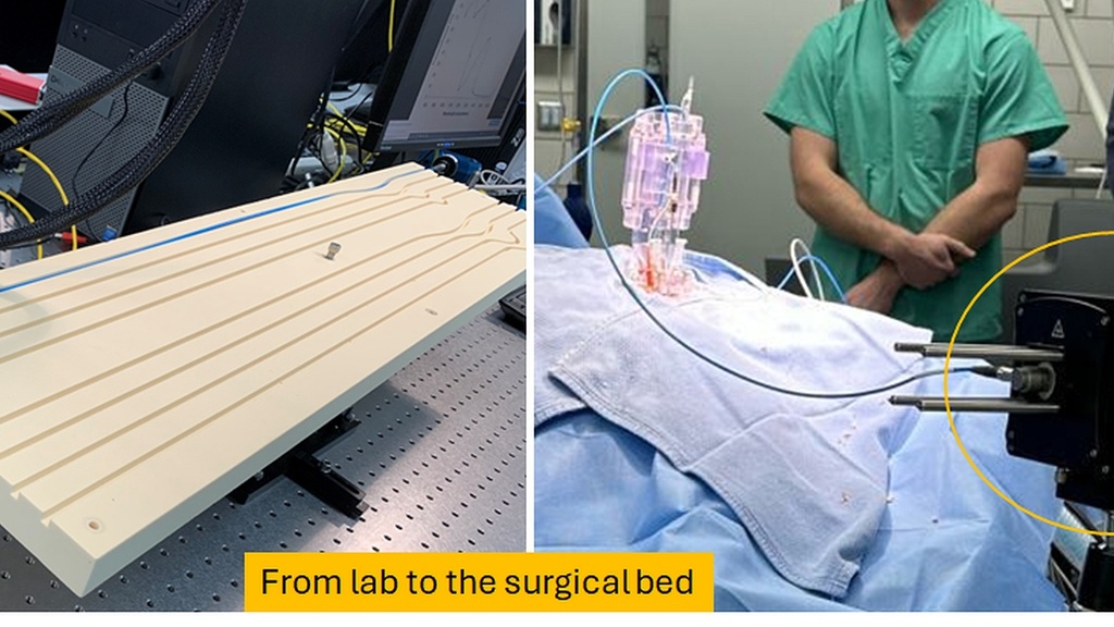 Photos showing high-tech lasers being tested in the lab and being used in an operating room